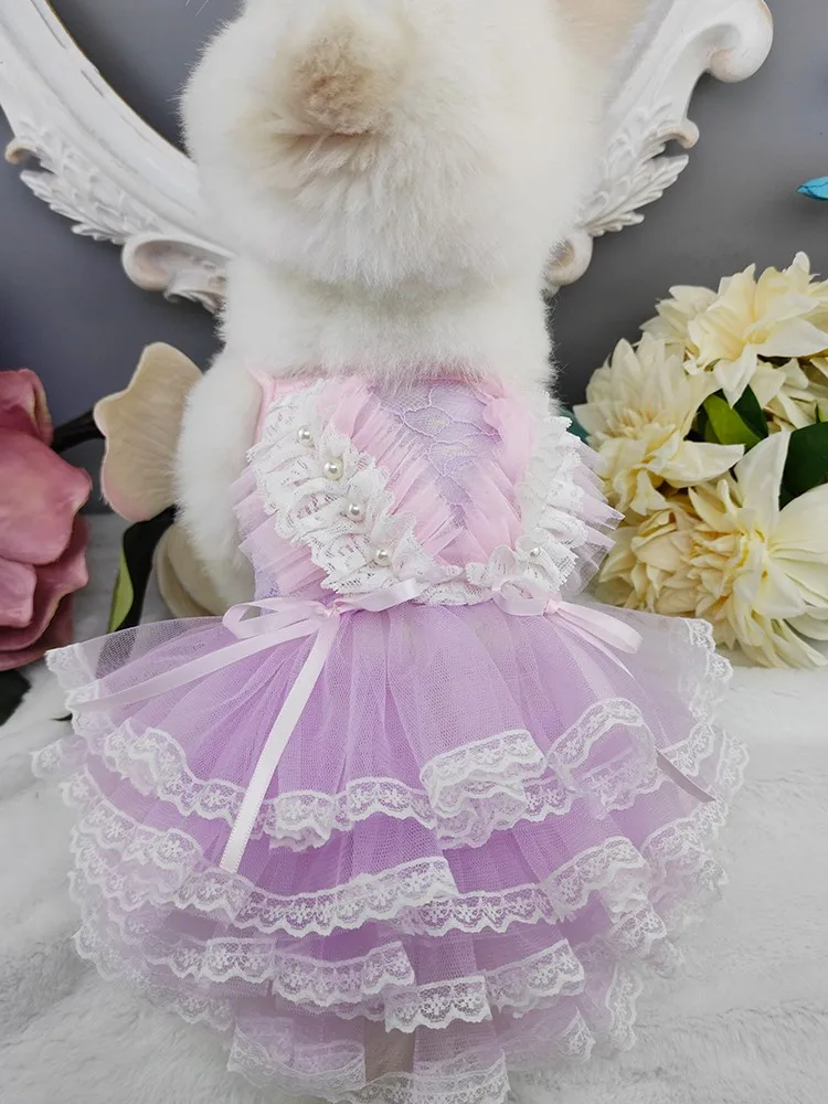 Handmade Dog Clothes Princess Dress Pet Supplies Fresh Purple Lace Sexy Tiered Skirt Breathable One Piece Party Holiday Poodle