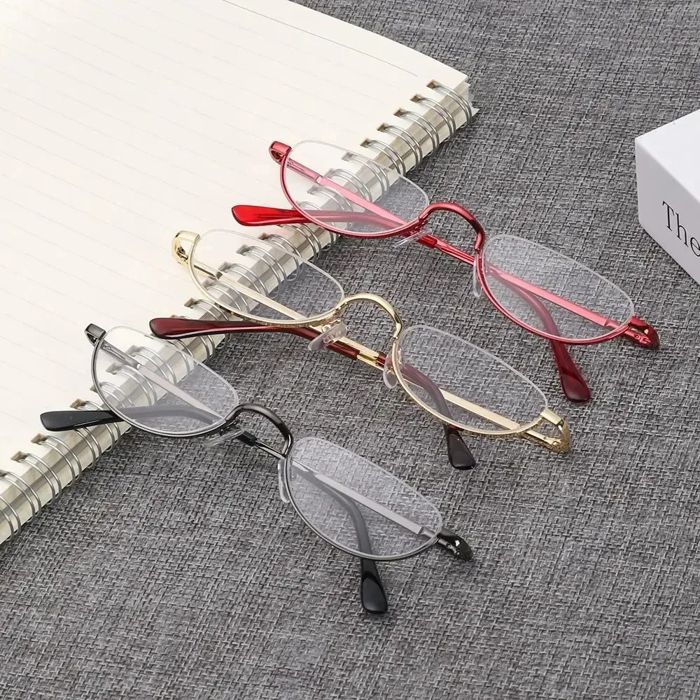 Retro-Lesebrille mit hochauflösenden Metallfederscharnieren, Halbmond-Design, Halbrandlose Lesehilfe, Optische Brille mit Kleinem Rahmen – Detail 4