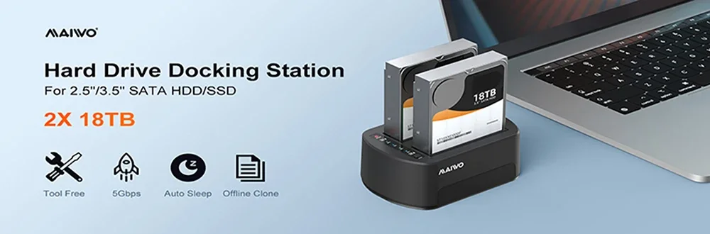 MAIWO Dual-Bay-Festplatten-Dockingstation für 2,5/3,5 Zoll HDD SSD SATA auf USB 3.0 HDD-Dockingstation mit 12V3A-Netzteil – Detail 1