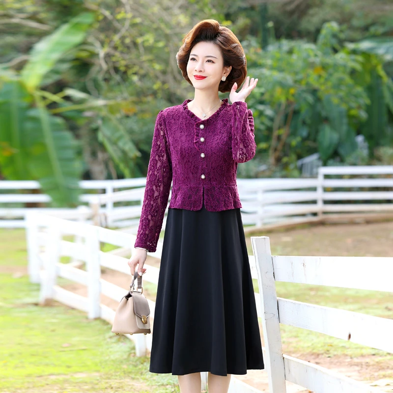 Mom Fake Two Pieces Dress Women Lace patchwork Lady Elegant Long Sleeve Party Dress Spring Casual A-Line Dressv