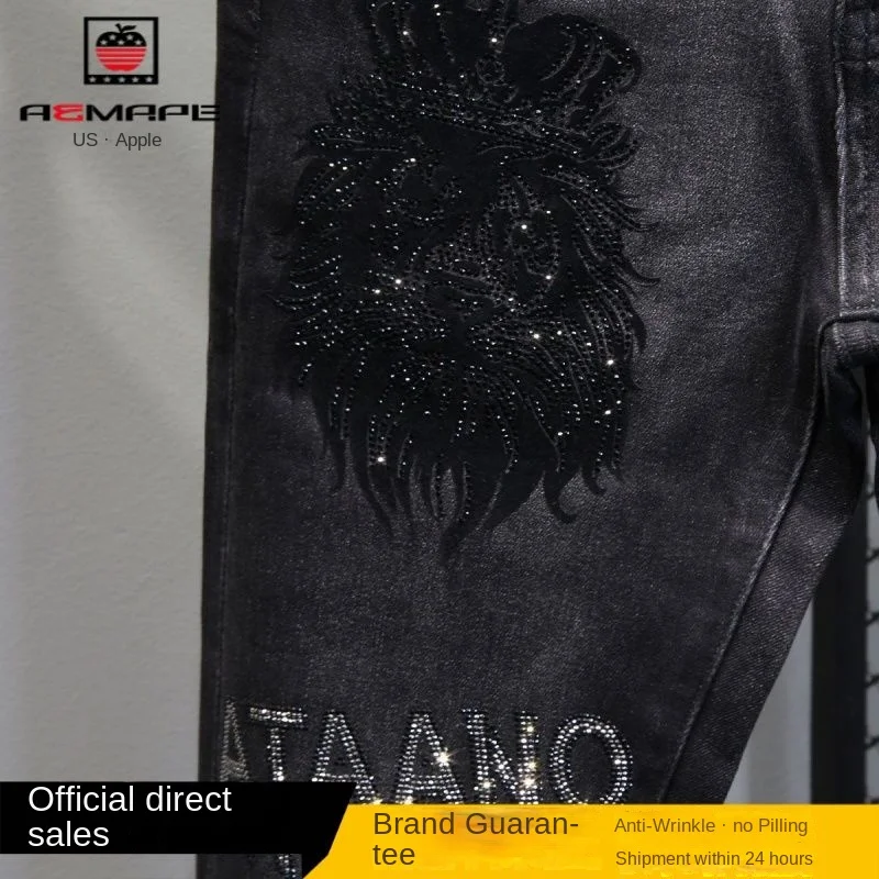 Jeans high-end com strass masculino, jeans slim fit, calça casual, preta, designer de luxo, primavera, outono, designer