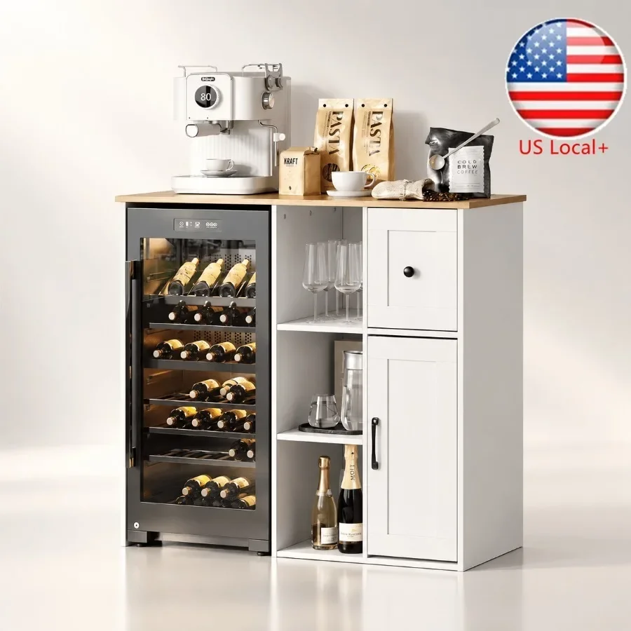 3-Tier Coffee Bar Cabinet Mini Fridge Stand with Storage Power Outlet for 24 Wine Fridge, Wood Finish, Black, Space-Saving Desi