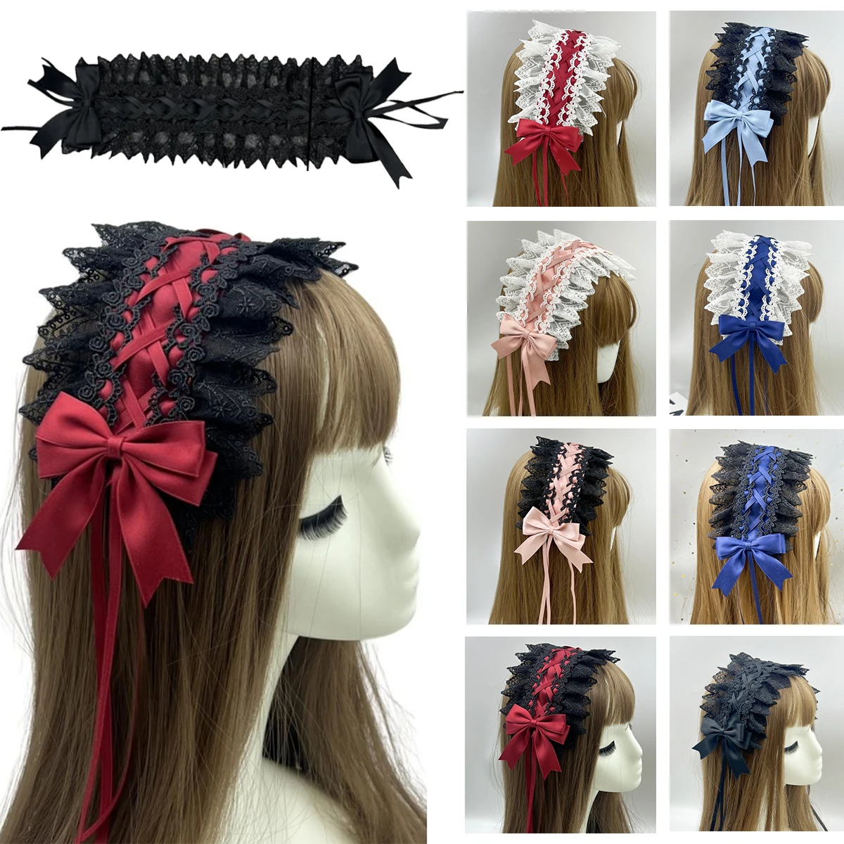 

Princess Girls Maid Cos MLolita Lace Headband Black Red Lo Mother Lolita Maid Dark Goth Hottie Headgear Hair Accessories Bow