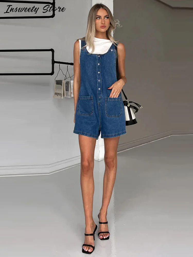 

Джинсовые комбинезоны, шорты, женские однобортные комбинезоны без рукавов с высокой талией, цельные однотонные шорты с карманами, уличная одежда