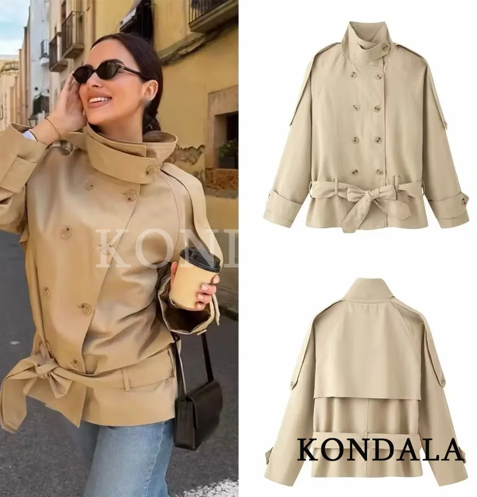 KONDALA Damen Streetwear Trendiger Trenchcoat Doppelreihiger Stehkragen-Jacke mit Gürtel Neue Mode 2026 Frühling Sommer Jacke