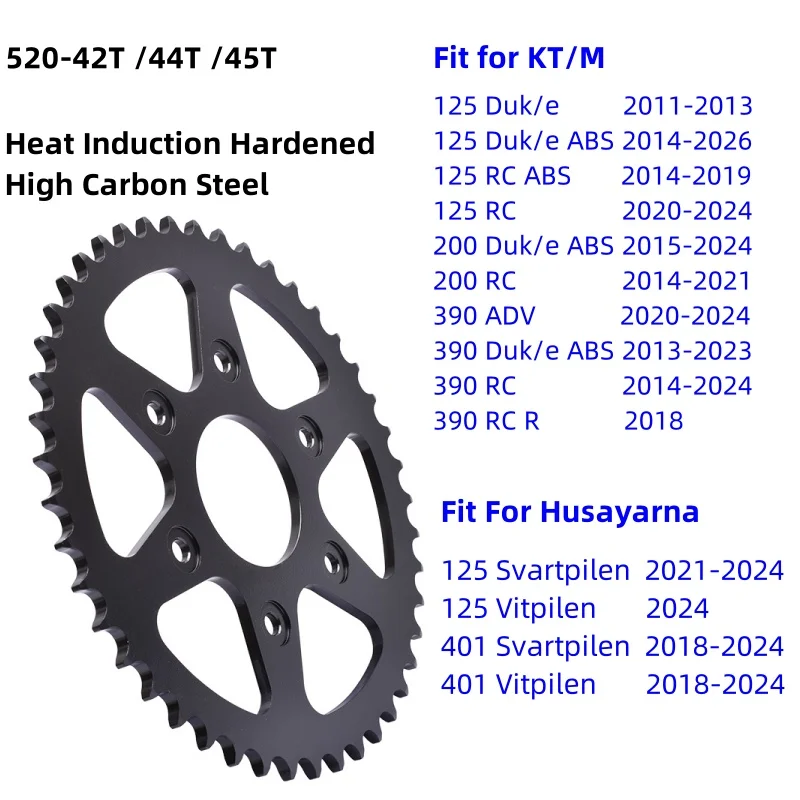 

520 42T 44T 45T Motor Rear Gear Sprocket for KT/M Duk/e RC 125 200 390 Du/ke ABS ADV for Husayarna 401 125 Vitpilen Svartpilen