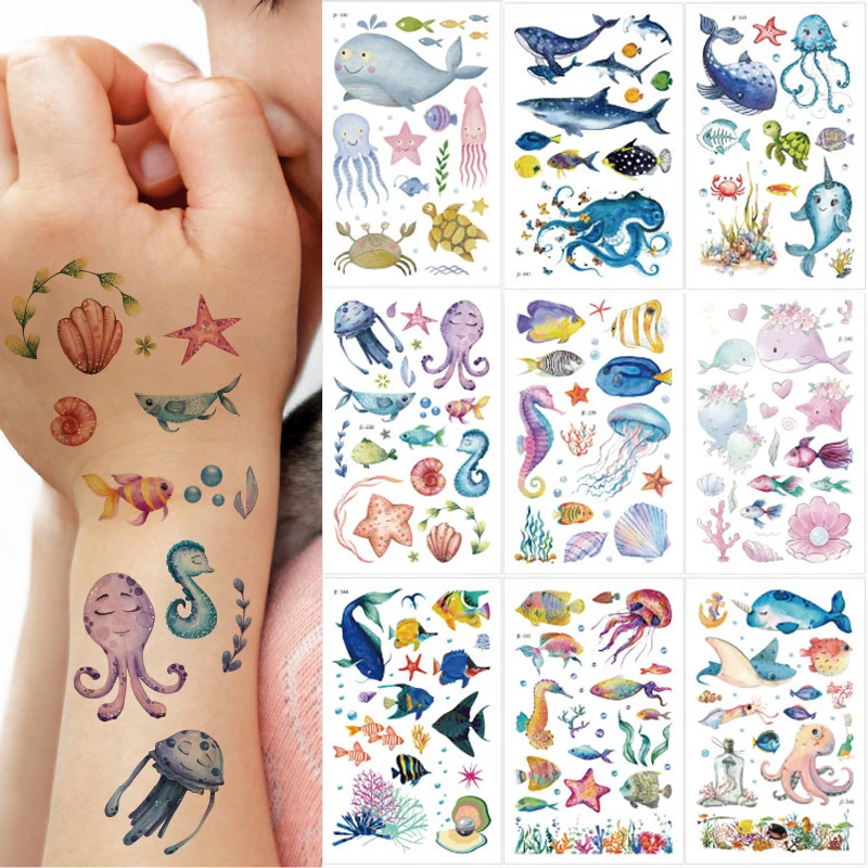 12 Styles Waterproof Temporary Tattoos for Kids Cartoon Dolphins Whales Marine Fish Watercolor Fake Tattoo Stickers Disposable