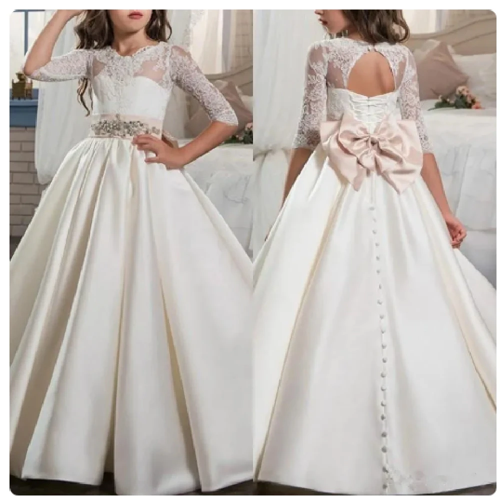 Elegante vestido branco de cetim para meninas, arco aberto para as costas, vestidos para a primeira comunhão, vestidos de festa e baile de formatura