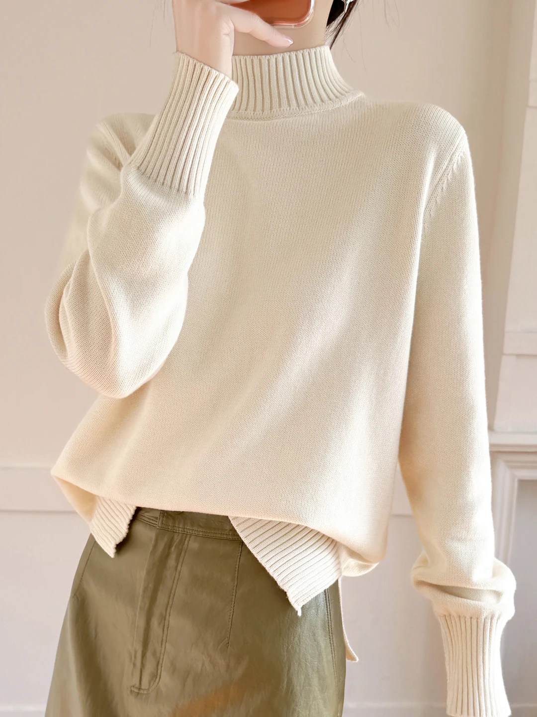 

Thickened Pure Cotton High Collar Knitted Sweater Women's Overhead Grey Commute Warmth Split Base Shirt Commute Style Loose Fit