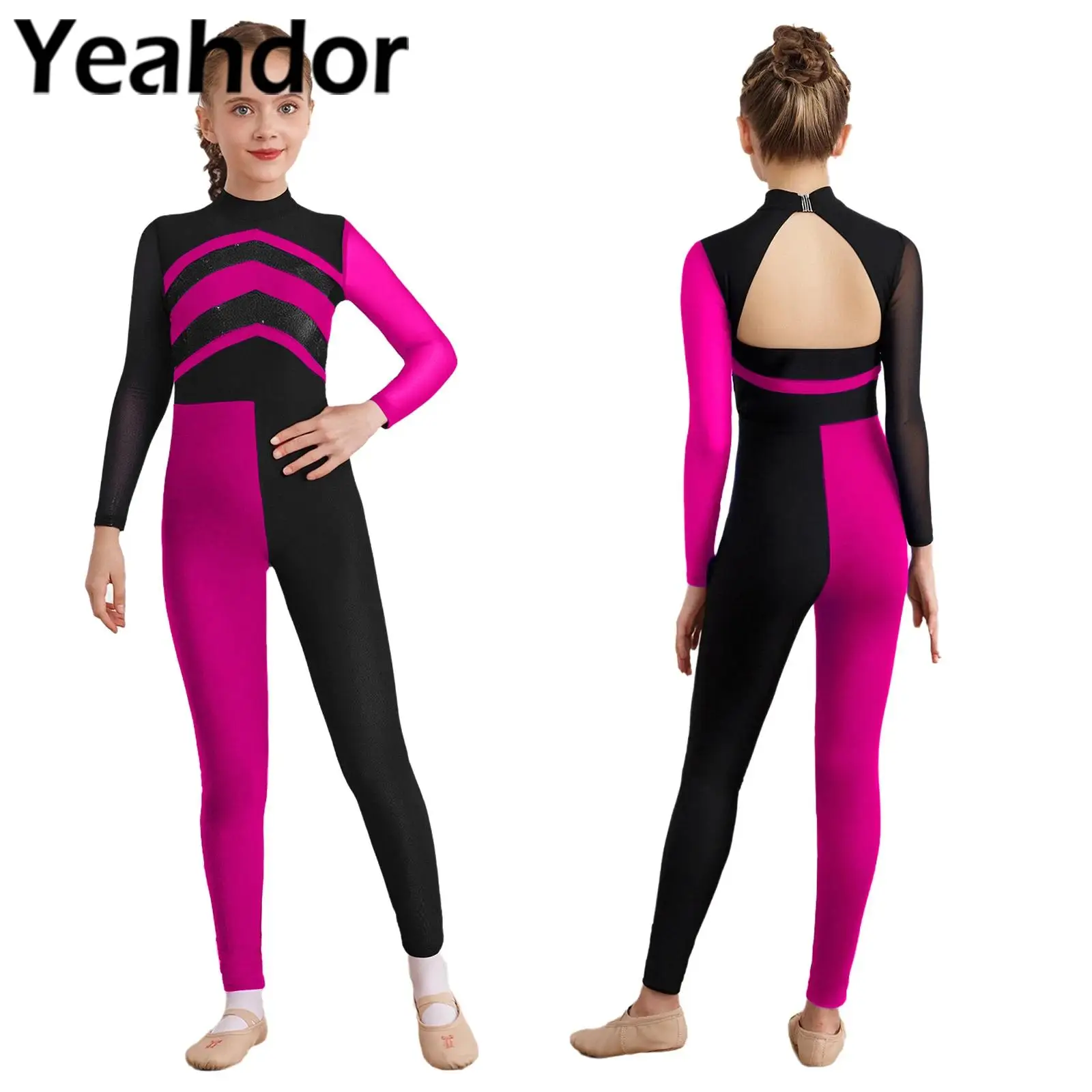 Kids Girls Ballet Gymnastics Romper Dance Performance Costume Sequins Sportswear Jumpsuit Glittery Romper for Dance Competition