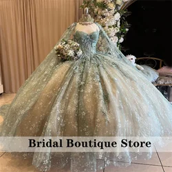 Elegant Green Princess Quinceanera Dresses Floral Appliques Sweet 16 Dress Prom Vestidos De 15 Años With Cape Customized 