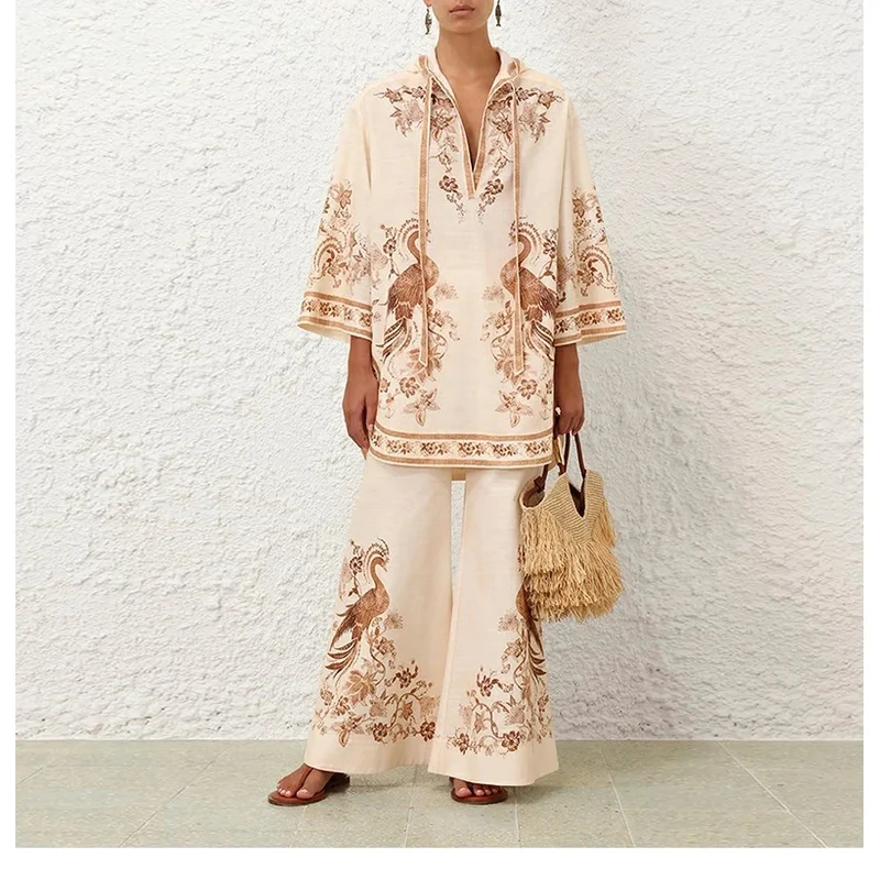 

White Cream Color Brown Floral Print Long Sleeve Hooded Blouse and Pants 2025