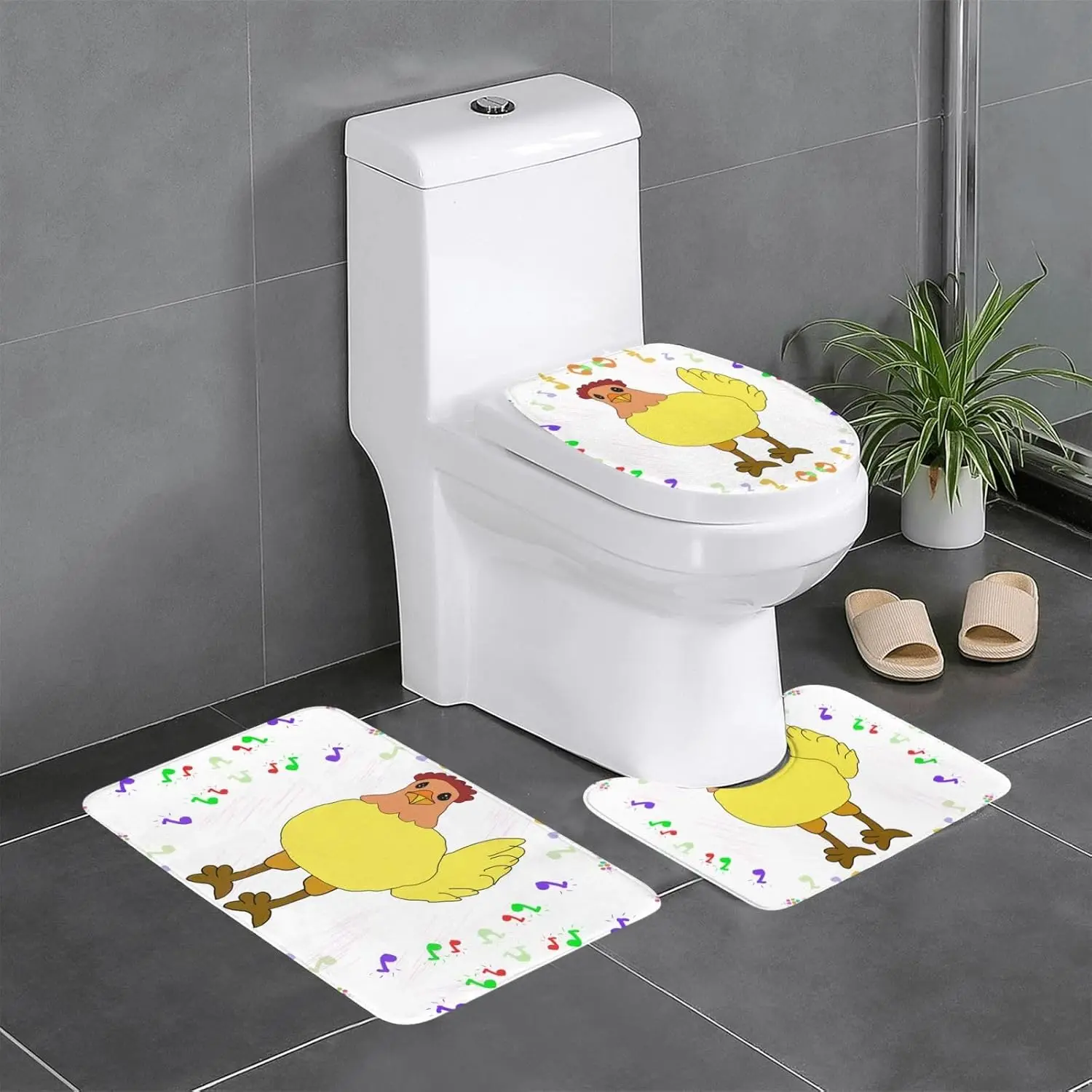 3 Piece Bathroom Rugs Set - Soft and Durable Flannel Material - Easy to Clean and Non-Slip for Bathroom and Vanity Use  Hen