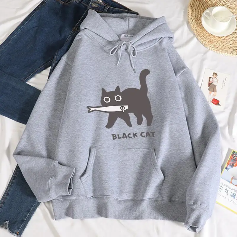 Black Cat Eat Fish Print Woman Hooded Casual Oversize Warm Hoodies Autumn Loose Hoodie Fleece Crewneck Versatile Sportswear