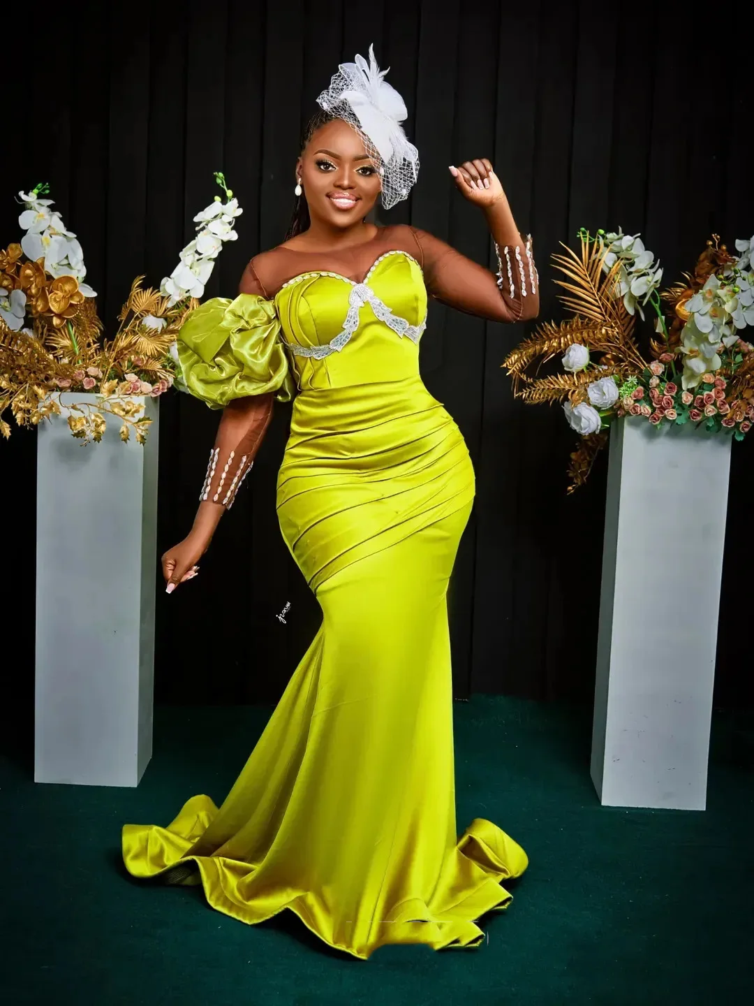 فساتين حفلة موسيقية حورية البحر الفلورسنت للنساء السود فستان سهرة بأكمام طويلة مزين بالزهور وأكمام طويلة مطرز