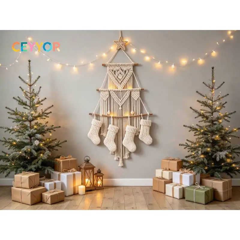 CEYYOR Minimalist Boho Christmas Studio Backdrop Grey Wall, Macrame Tapestry with Fringe, Cream Knit Christmas Stockings, Decora