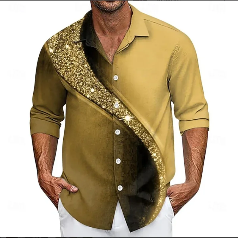 Men's Gradient Curve Color Change 3D Marble Printed Shirt Snowflake Casual Fashion Flip Button Long Sleeve Party Autumn Shirt