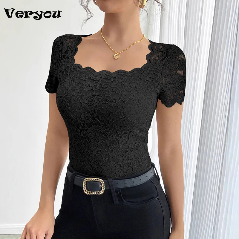 Summer Women T-Shirts Sexy Solid Lace T-Shirts Women Elegant Short Sleeve Solid Tee Tops Lady Y2k Tops Female Shirt Green Black