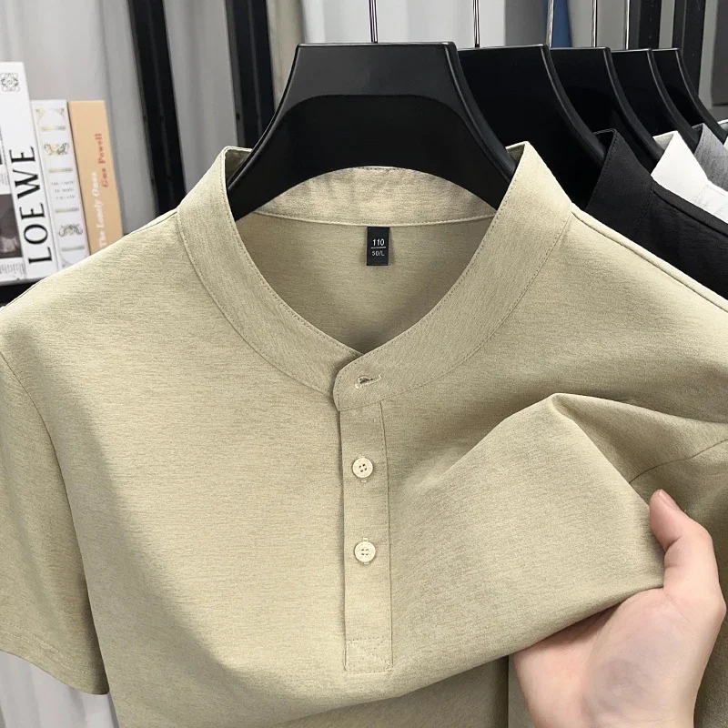 Slim fit male mandarin collar henley short sleeve top two buttons breathable thin fabric family training leisure outfit