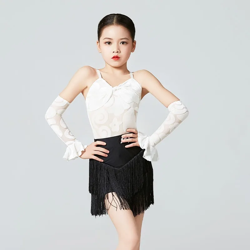 New Style Junior-level Latin Dance Outfit for Summer, Girls' Strapless Fringed Professional Training Performance Outfit Set