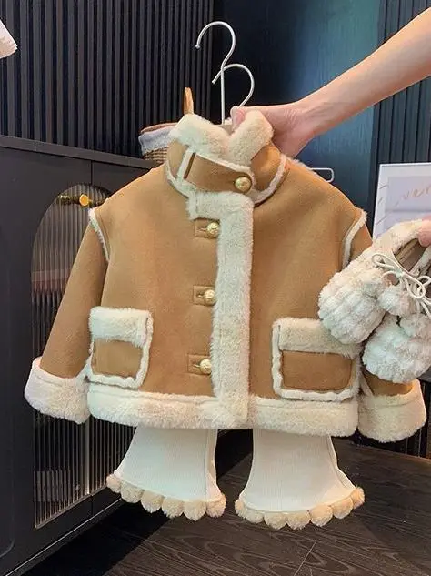thickened-faux-fur-jacket-for-girls-autumn-winter-new-style-warm-stylish-suede-collar-stand-up-top-children's-clothing