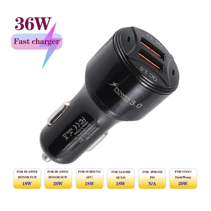 36W 2 Ports QC3.0/AFC/DCP/FCP/SCP/VOOC/Dash/Warp Car Charger  Super Fast Charging Car Cigarette Lighter Flash Charge For phones