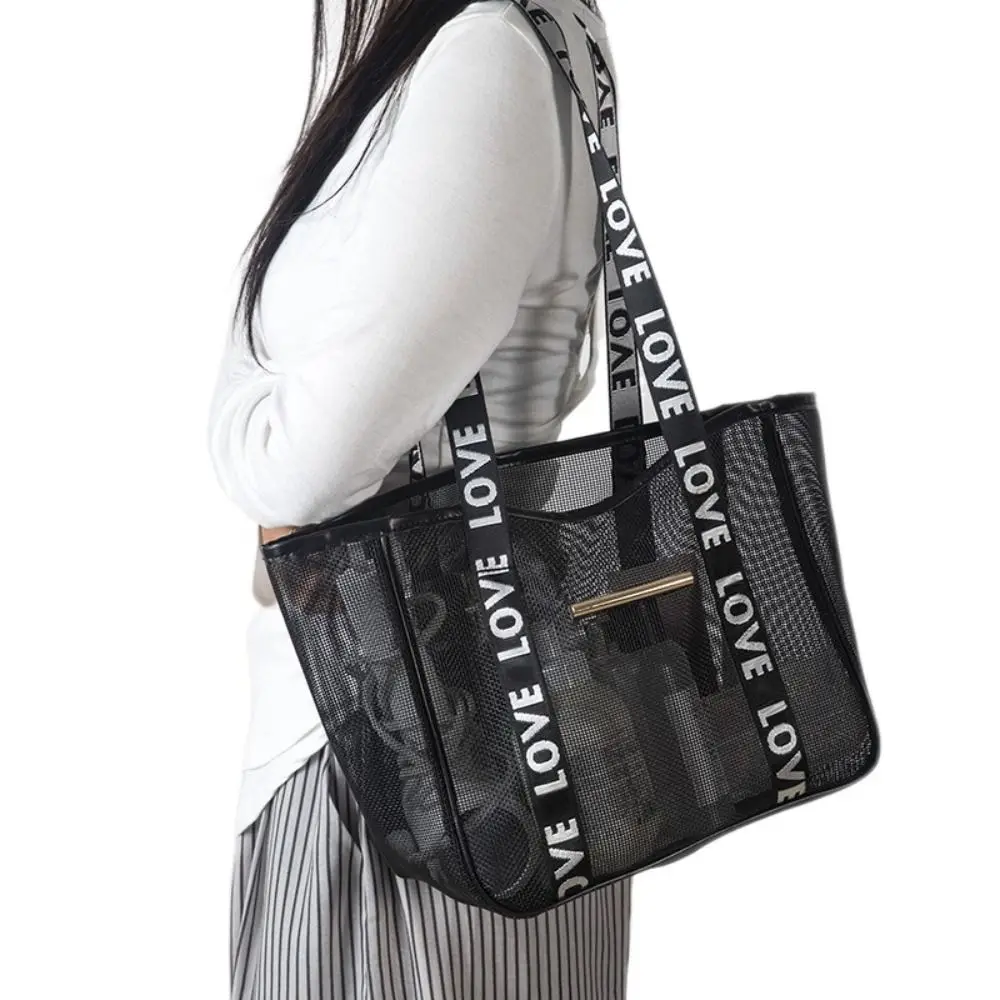 

Portable Mesh Shoulder Bag Large Capacity Transparent Makeup Storage Bag Hollow Multifunctional Beach Bags Women