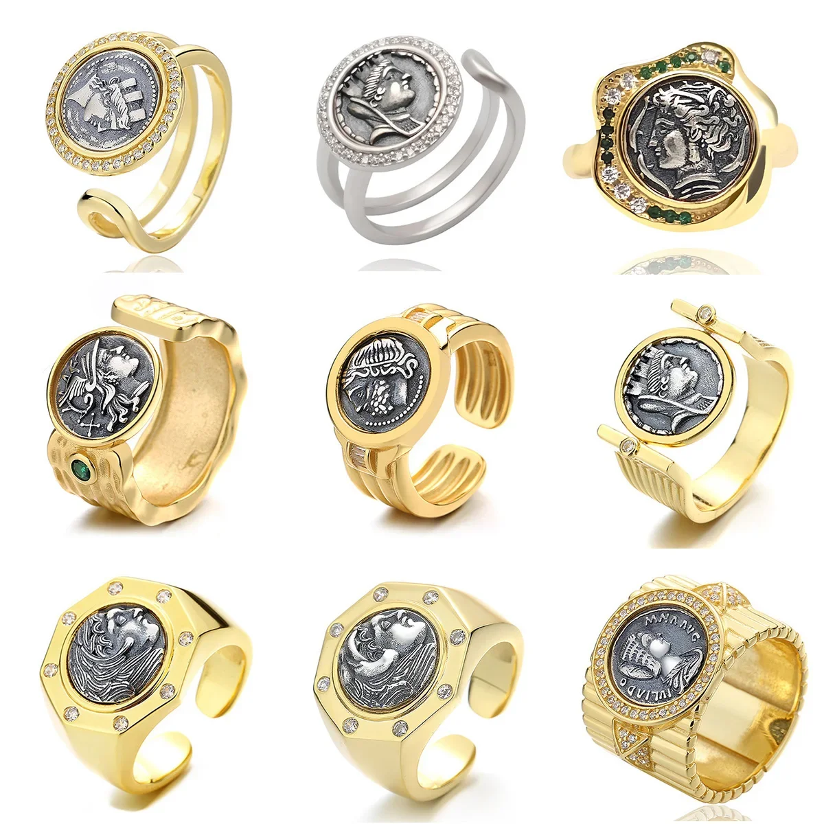 ABLES CHIC Greek Coin Solid 925 Silver Ring Roman 18K Gold Tone Coin Replica CZ Accent Antique Vintage Open Rings for Women Men