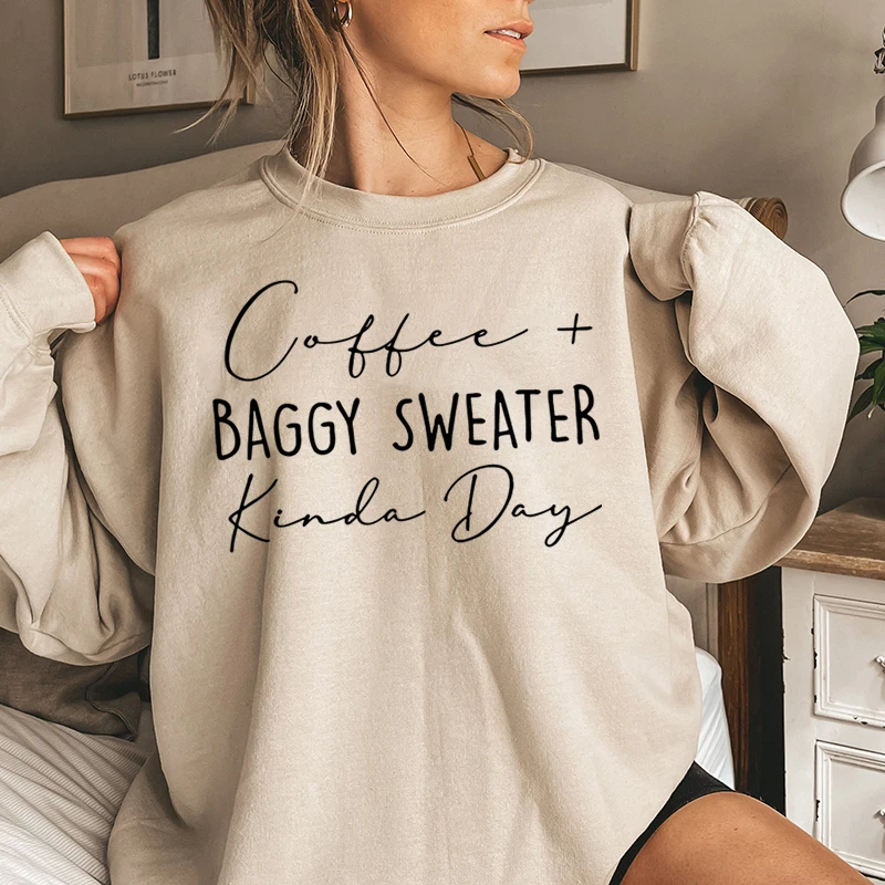 Koffie Baggy Trui Soort Dag Brief Print Sweatshirts Ronde Hals Lange Mouwen Dames Casual Pullovers Plus Size Sweatshirt