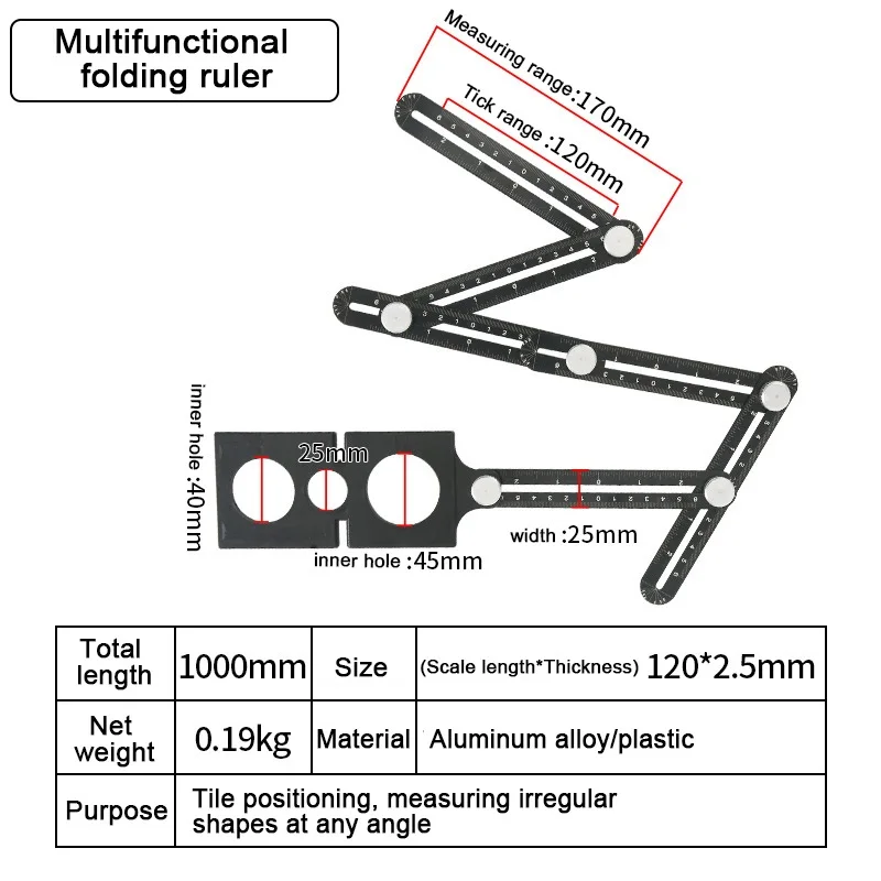 12/9/6 Aluminium Alloy Multi Angle Ruler Finder Measuring Ruler Perforated Mold Template Tool For Locator Drill Guide Tile Hole