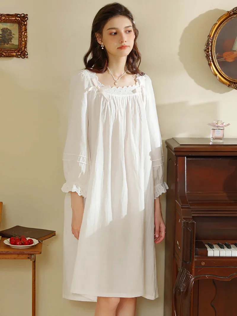 

Long Sleeve Nightgown Spring Autumn New Sweet Vintage Loose Sweet Girl Princess French Home Victorian Pajamas Sleepwear