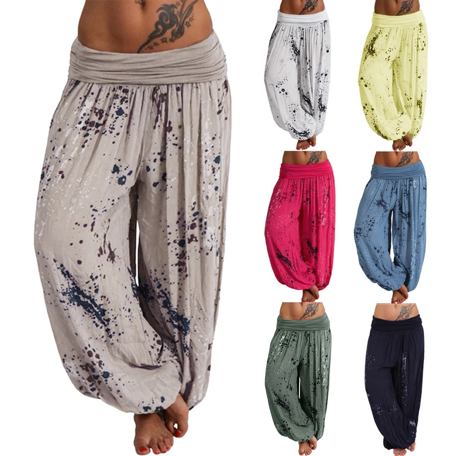 Boho Floral Print Yoga Pants for Women Elastic Oversize Loose Wide Leg Trousers Lady Plus Size Baggy Sweatpants Long Pants