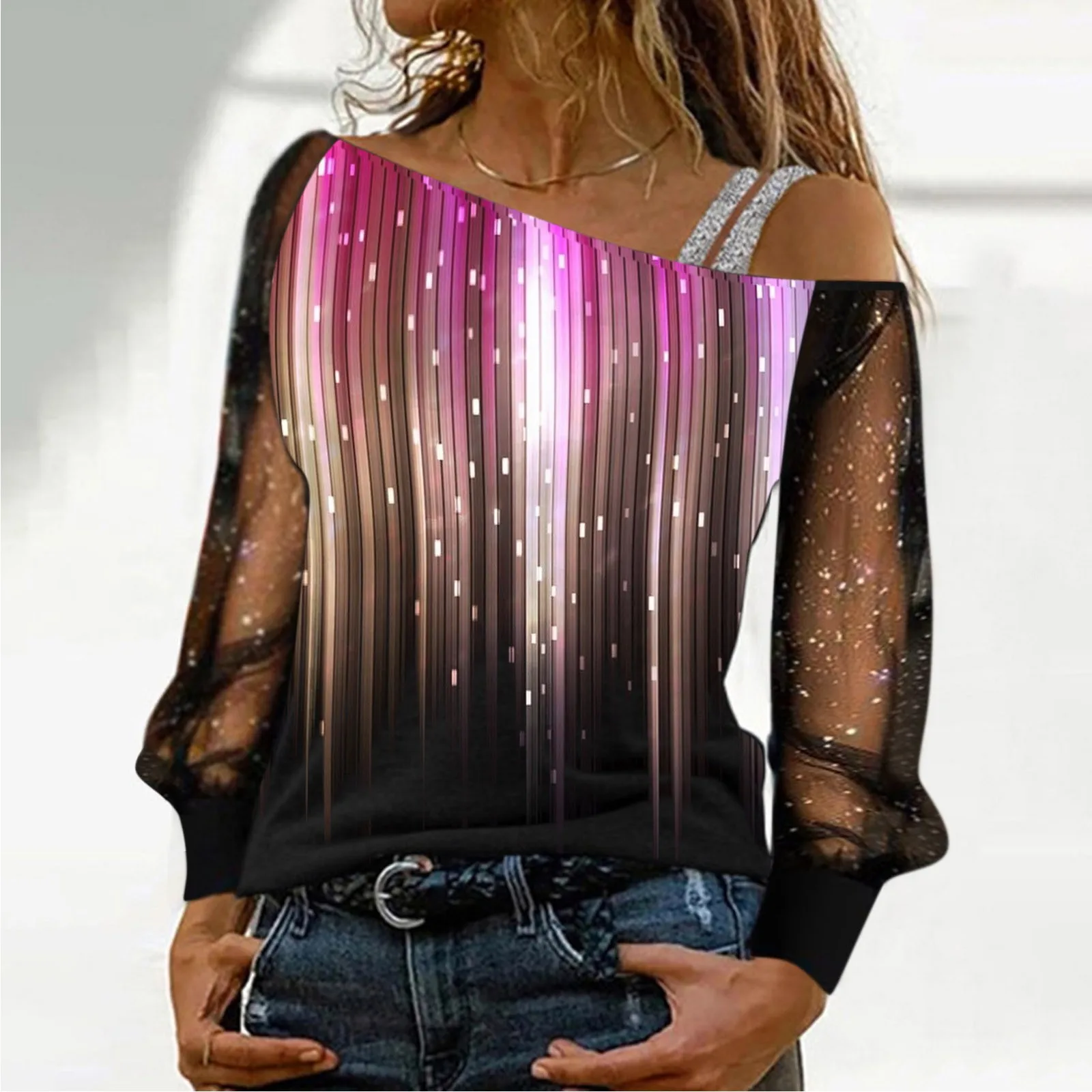 Gradient Sequin Print T-Shirt Women One Shoulder Mesh Long Sleeve T Shirt Spring Harajuku Streetwear Pullovers Elegant Tshirts