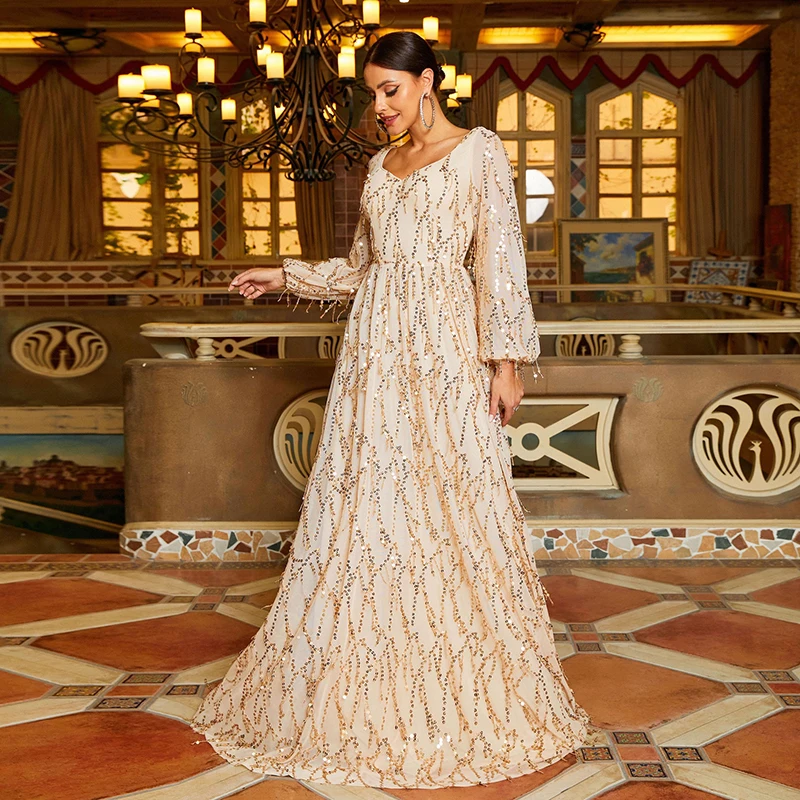 Elegant ladies vestido de festa Women Long sleeve Gold Tassel Sequined Evening Party Bridesmaid Cocktail Prom Maxi dresses
