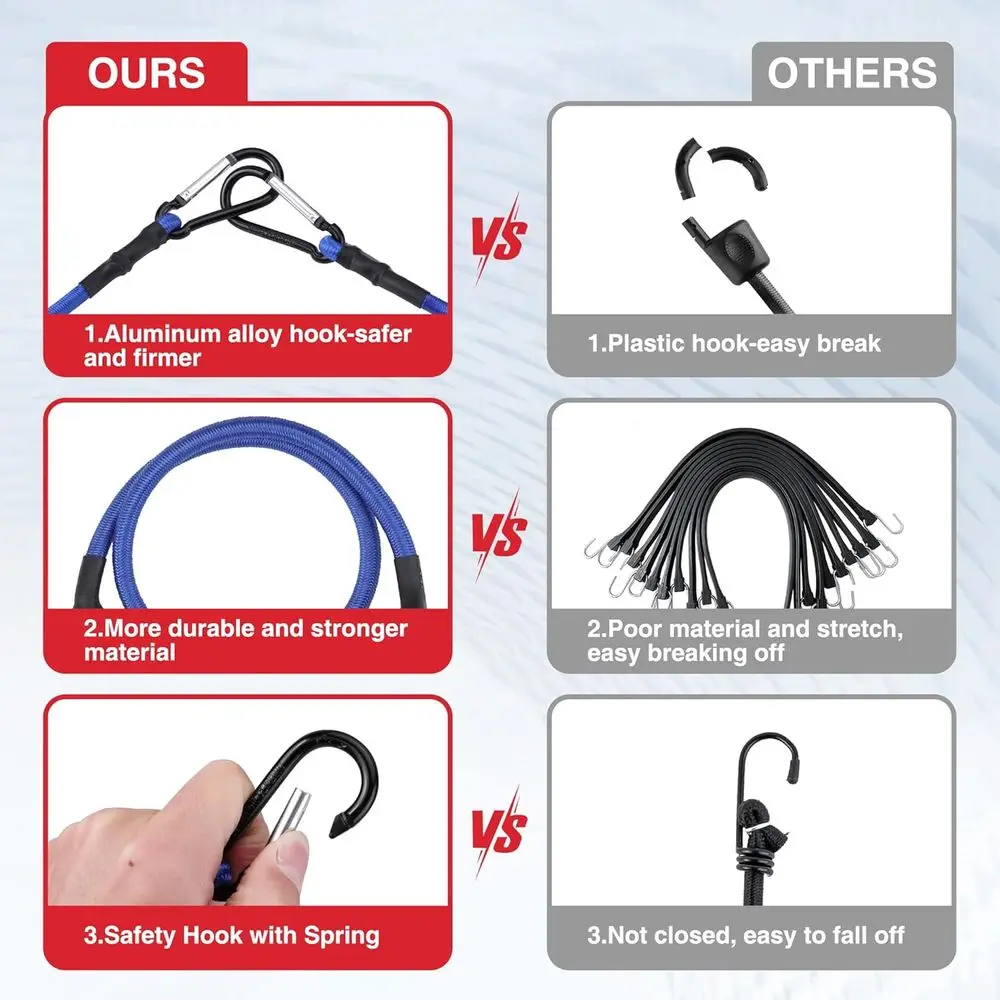 24 Inch Heavy-Duty Rubber Bungee Cords with Hooks, 4-Pack, Strong Elastic Straps for Outdoor, Camping, Cargo, and Storage
