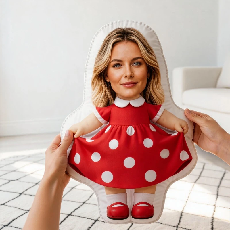Custom Personalized Photo Face Pillow, Red Polka Dot Dress Style Custom Shaped Decorative Cushion, Unique Home Decor Accent for