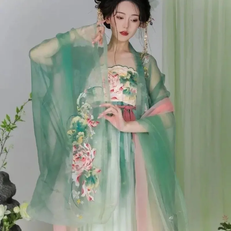 الجديد الأصلي Hanfu الإناث التطريز قميص كبير الأكمام تانغ نمط الصدر تنورة أنيقة الجنية الرجعية Hanfu البدلة