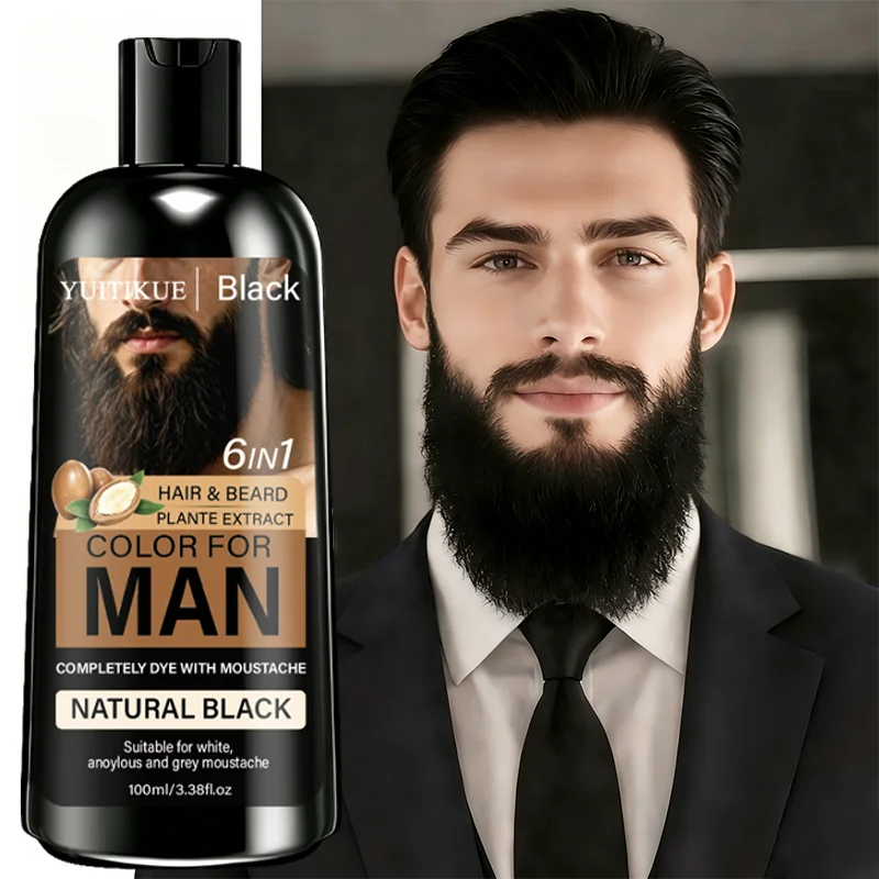 YUITIKUE 6 IN 1 Hair & Beard Color Shampoo for Men 100ml - Natural Black, Plant Extract, Grey Coverage