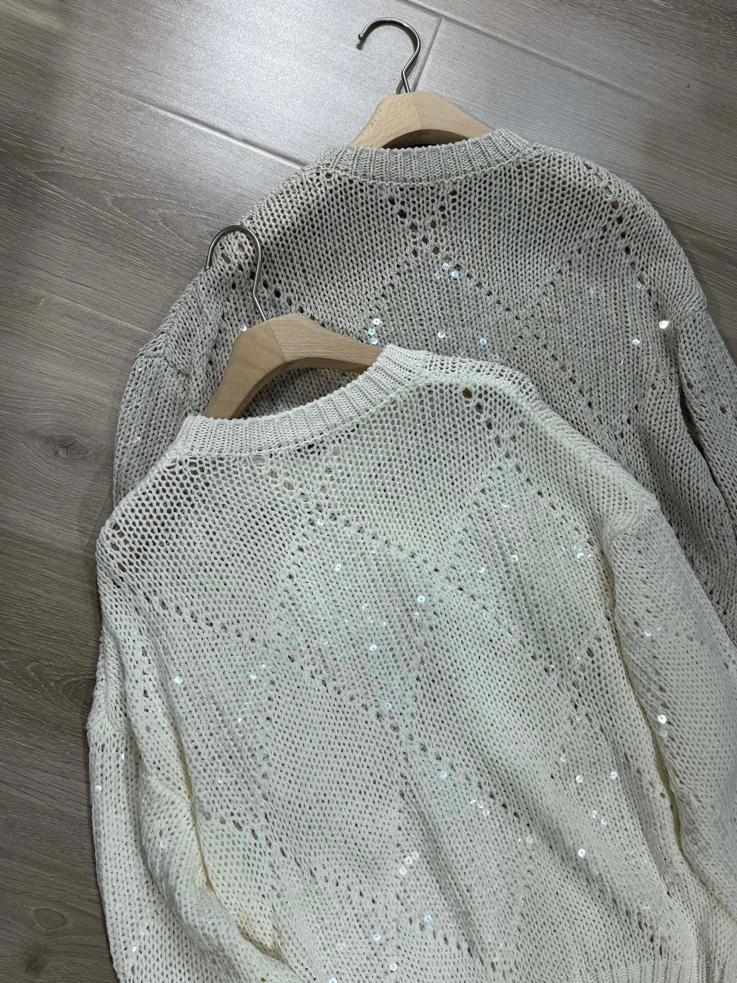 Sequins decorated loose cotton linen sweater