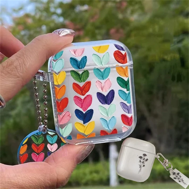 Art Heart Flowers Case For Apple AirPods 1 2 3 Pro 2nd Bluetooth Headphone Cover Silicone Soft Cover Protective Case Keychain