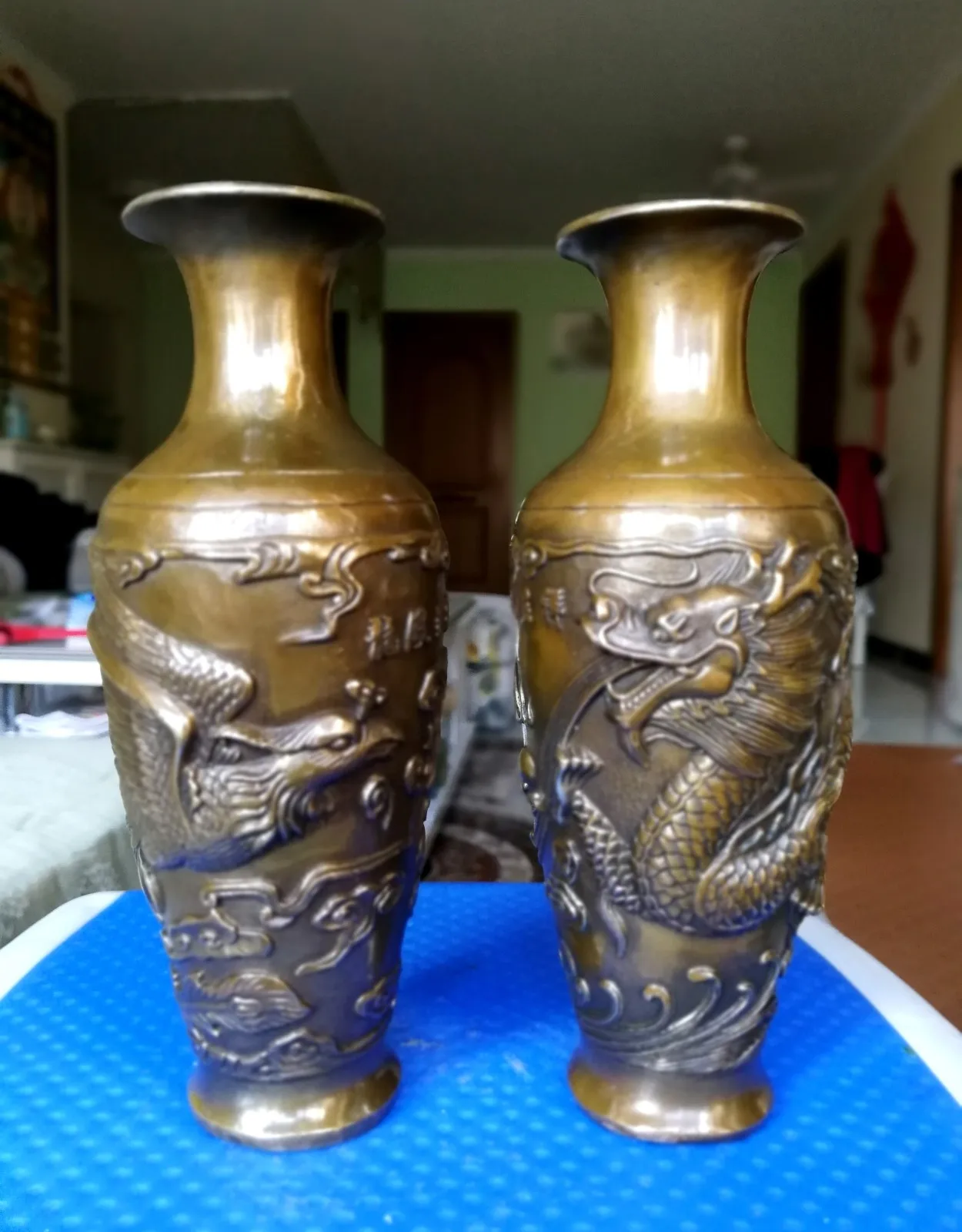 8”/20cm Antique Dragon Phoenix Vintage Bronze Statue Flower Vase Signed pot big