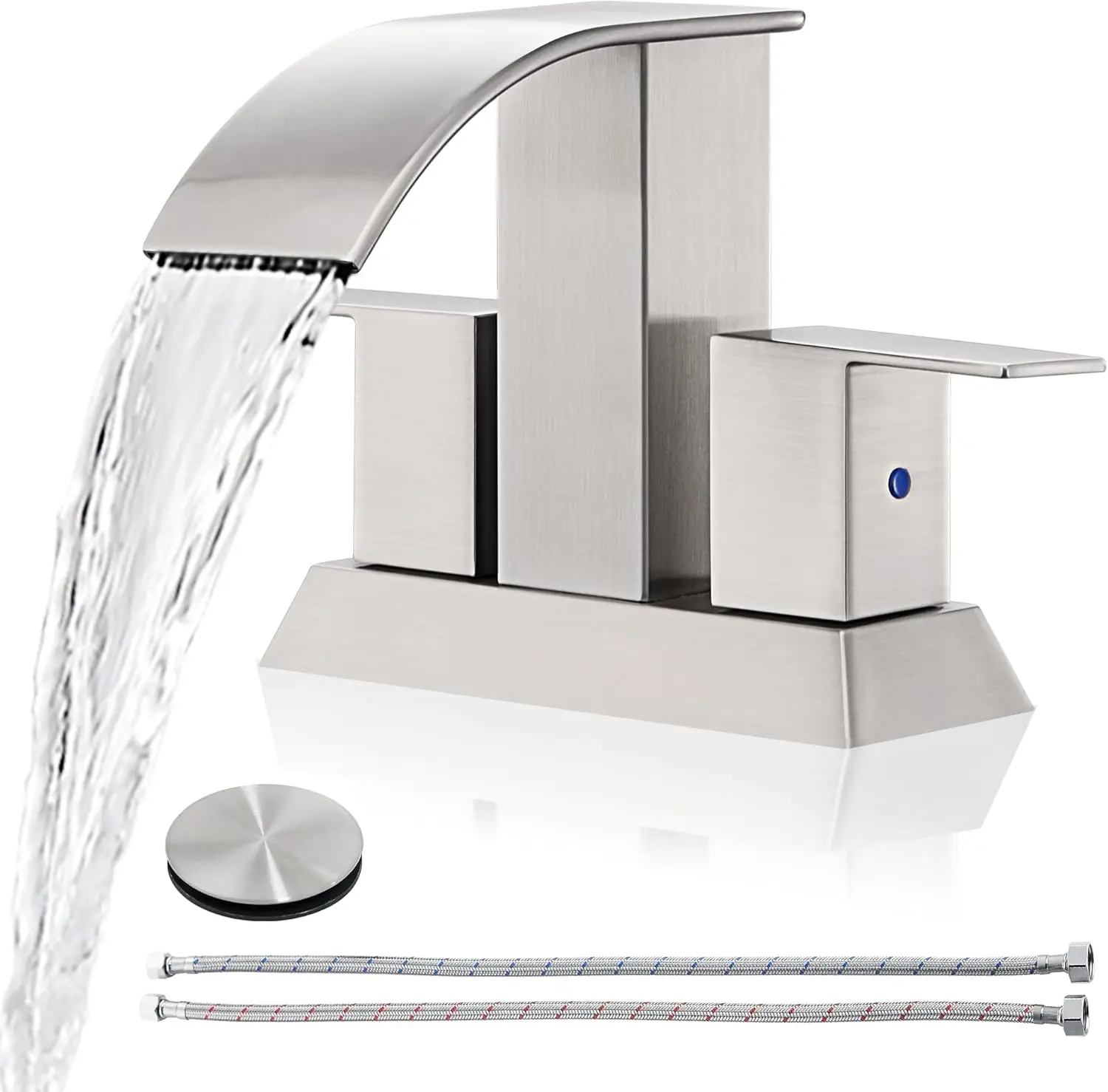 

Смеситель для ванной комнаты с матовым никелем и водопадом, 4-дюймовый центральный элемент с двумя ручками, включает слив и линия подачи