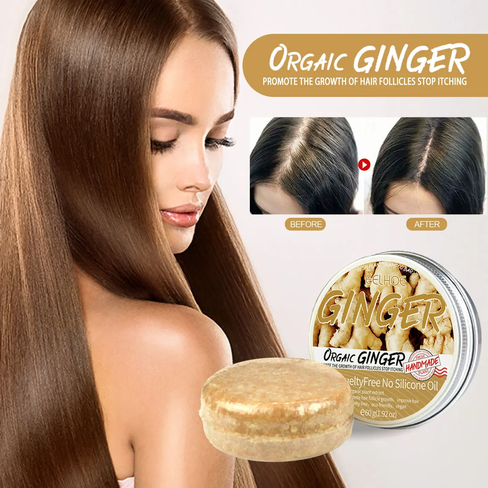 Champú de jengibre Natural de 60g, jabón para reducir la caída del cabello, limpieza de la caspa, nutre, hidrata el cuero cabelludo, mejora la calidad del cabello, producto para el cuidado del cabello
