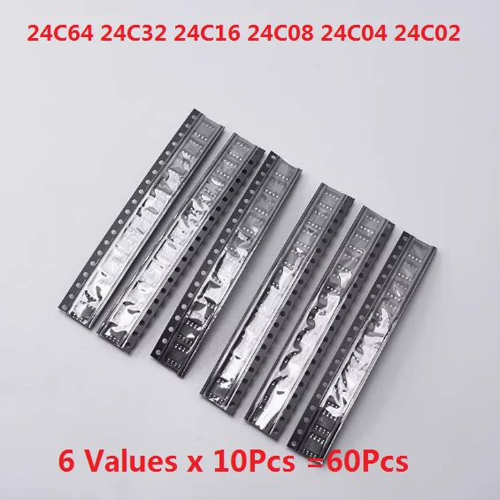 60pcs = 6 Kinds * 10 Pcs  24C16 24C32 24C64 Sop Kit Each 10pcs 24C02 24C04 24C08