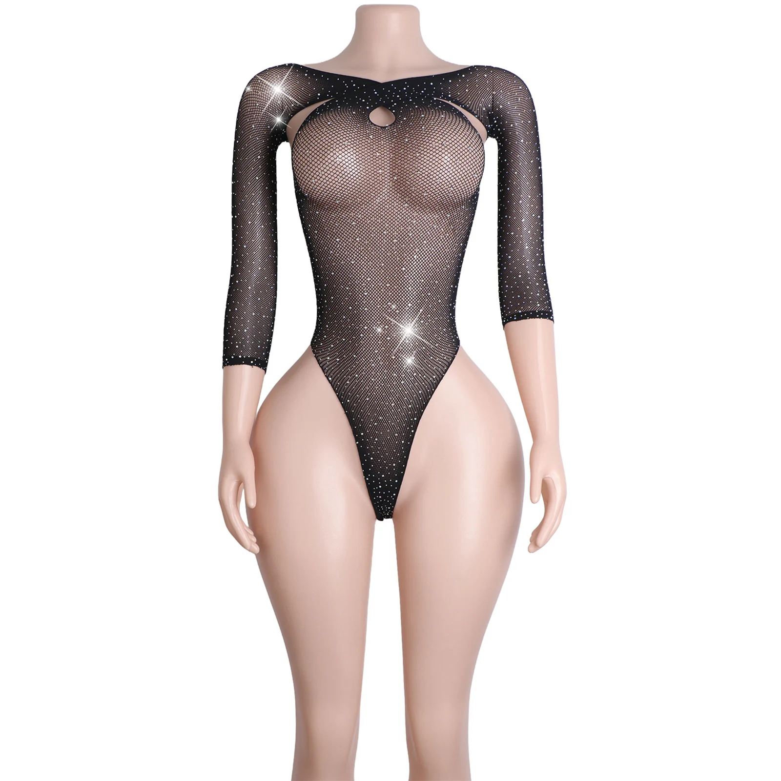 

Rhinestone Lace Thongs Hot Sleeve Bodysuit Exotic Dancewear Performance Clubwear Stripper Outfit Mesh Stage Costume for Women