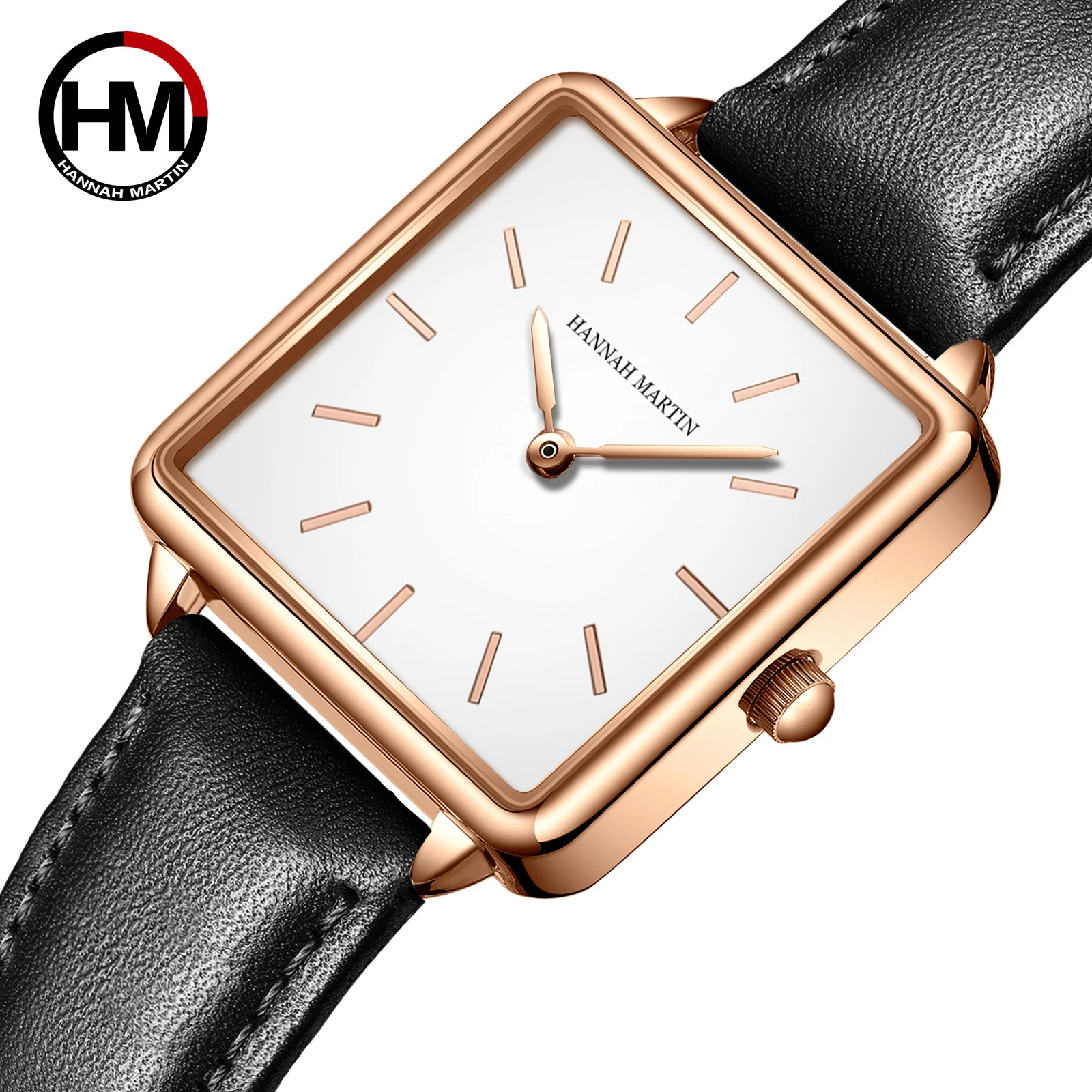 HANNAH MARTIN Brand Square Women Watch Fashion Leather Minimalist Style Japanese Quartz Movement Original Rose Gold Gift Watches
