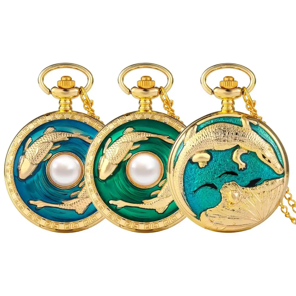 Arabic Numerals Round Dial Golden Quartz Pocket Watch with 80 CM Chain Vintage Chain Pendant Pocket Clock Gift Men Women