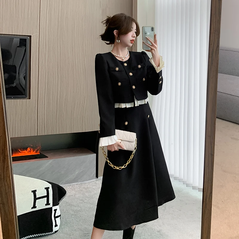 Elegant Ruffles Tweed Woolen Jacket + A Line Long Skirt 2 Piece Set Women Fall Winter Dress Suit Fashion Designer Party Outfits