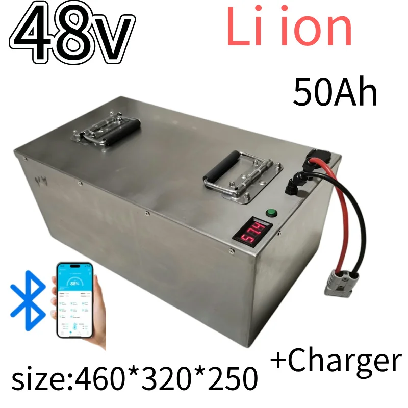 48V 100Ah LiFePO4 Battery Pack with Bluetooth BMS APP & 10A Charger, Deep Cycle Lithium Battery for Tricycle, Inverter, Solar St