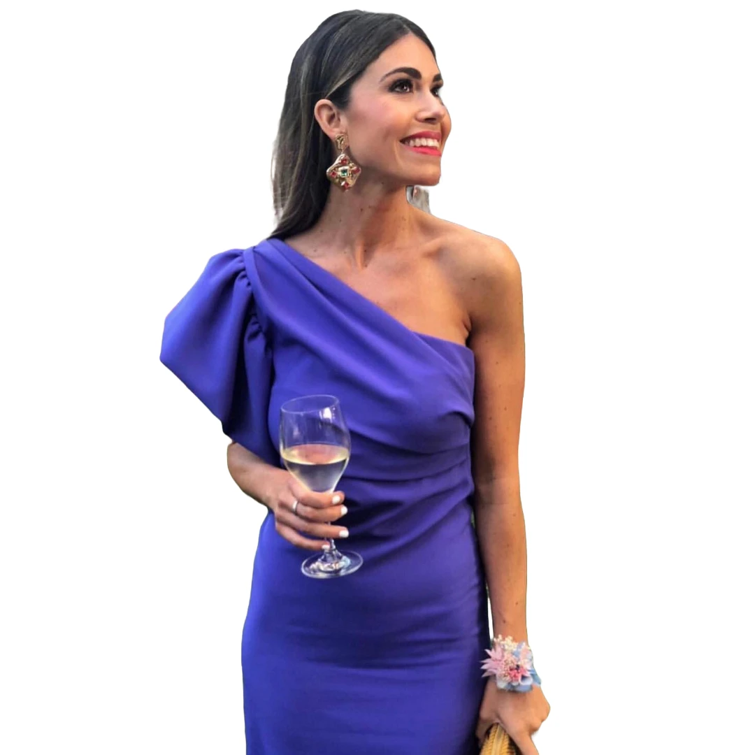 

Elegant One-Shoulder Royal Blue Mother of the Bride Dress Classy Midi Design with Draped Sleeve Outdoor Soiree Special Occasion